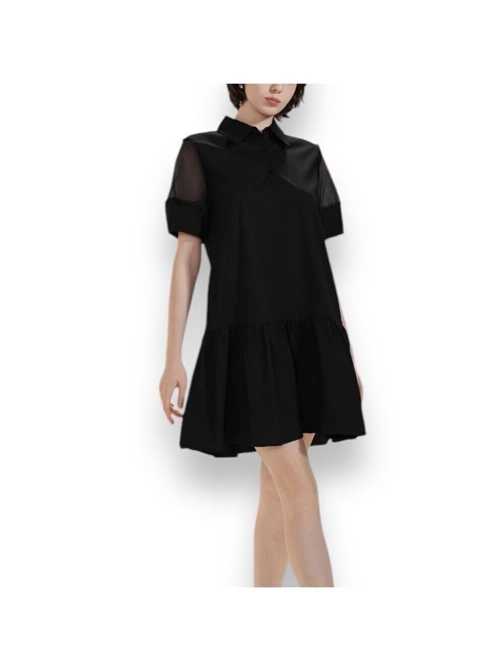 S•Deer Black Gothic Classic Solid Mesh Sleeve Mini Shirt Dress - Size Large